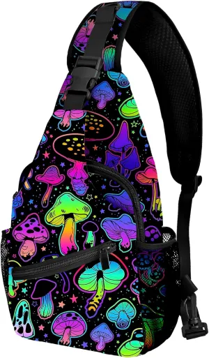 Yrebyou Mushroom Sling Bag for Women Men Chest Backpack Travel Crossbody Daypack for Hiking Cycling Running