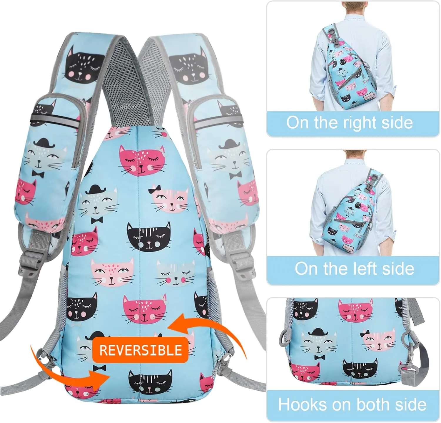ZOMAKE Sling Bag for Women Men, Small Crossbody Sling Backpack, Mini Water Resistant Shoulder Daypack for Travel, Anti Thief Chest Bag for Hiking, Sports(Cat's Head Light Blue)