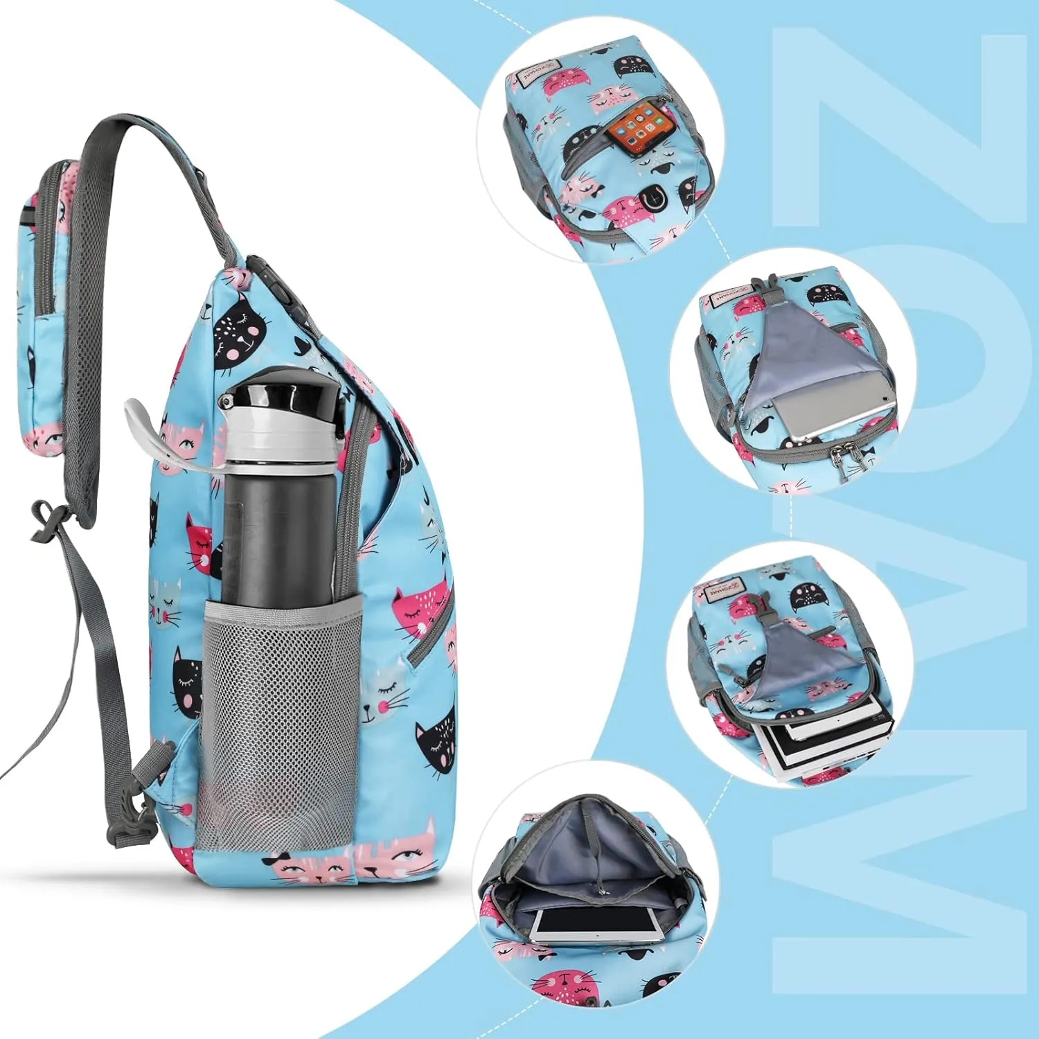 ZOMAKE Sling Bag for Women Men, Small Crossbody Sling Backpack, Mini Water Resistant Shoulder Daypack for Travel, Anti Thief Chest Bag for Hiking, Sports(Cat's Head Light Blue)